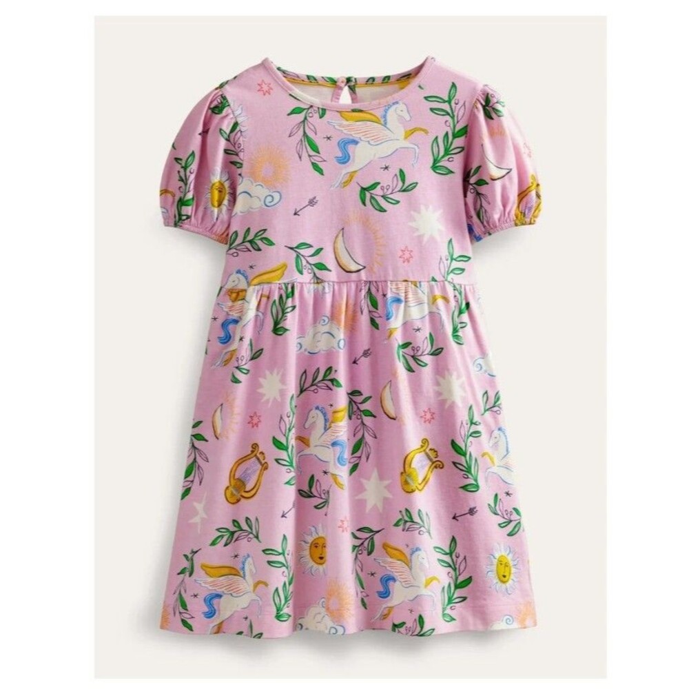 Mini Boden Girls Kids' Puff Sleeve Dress Winsome Pink Greek Toile Girls 6/7 GUC
